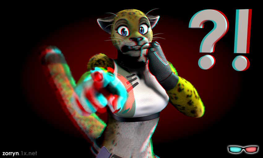 3d ? ?! anaglyph big_eyes black_lips black_nose blue_eyes clothing cute feline female finger_on_lips fingerless_gloves fur gloves gradient_background hand_on_face looking_at_viewer mammal multicolor_fur perspective pointing short_shirt solo spots standing stereogram surprise teeth tiger two_tone_fur vivon yellow_fur zorryn