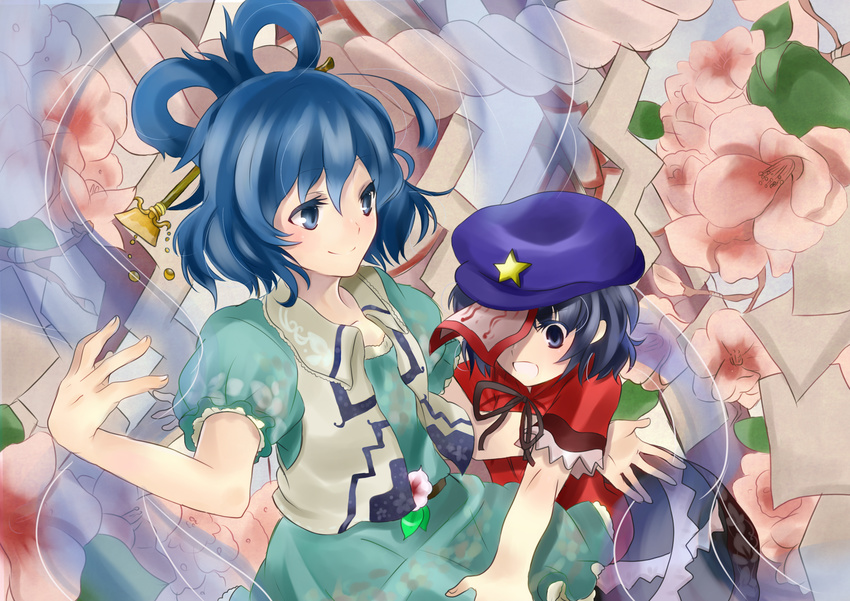 bad_id bad_pixiv_id blue_dress blue_eyes blue_hair dress flower hair_ornament hair_rings hair_stick hat highres jiangshi kaku_seiga miyako_yoshika multiple_girls off_shoulder outstretched_arms shawl skirt smile star tooda_riko touhou vest zombie_pose