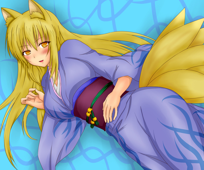 animal_ears blonde_hair blush fox_ears fox_tail highres inari_(monster_girl_encyclopedia) japanese_clothes kimono long_hair lying monster_girl_encyclopedia multiple_tails shintani_masaki smile solo tail yellow_eyes