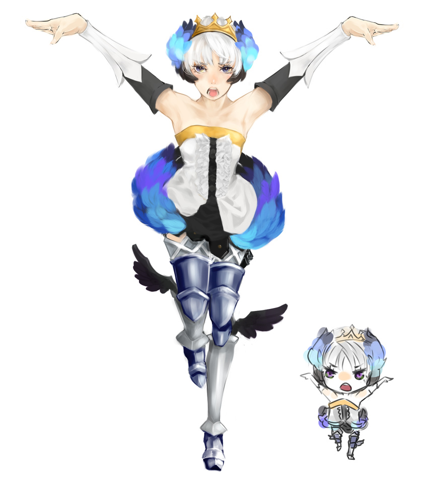 armor armored_dress bare_shoulders boots chibi chibi_inset chibibro colorfag colorized crane_stance dress elbow_gloves gloves greaves gwendolyn highres non-web_source odin_sphere open_mouth short_hair standing standing_on_one_leg strapless strapless_dress thigh_boots thighhighs tiara white_hair wings