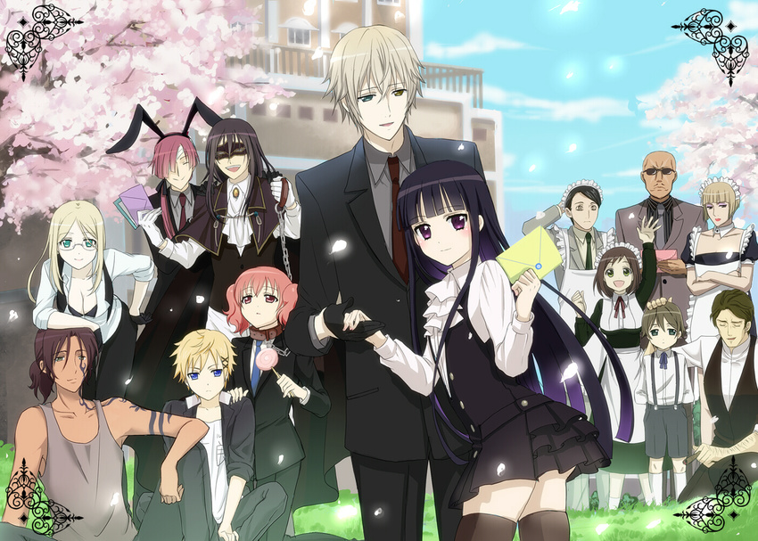 6+boys animal_ears bandages bartender black_gloves black_legwear blonde_hair blue_eyes breasts brown_hair bunny_ears candy chain cleavage collar crossdressing dress everyone food formal glasses gloves green_eyes hair_over_one_eye hand_on_head heterochromia holding_hands inu_x_boku_ss kawasumi_joutarou kawasumi_kotarou kotomura_chino kouda_yuujirou letter lollipop long_hair maid mask medium_breasts miketsukami_soushi multiple_boys multiple_girls natsume_zange natumisena necktie nekozuki_homare petals pink_eyes pink_hair ponytail purple_eyes purple_hair red_hair roromiya_karuta school_uniform shirakiin_ririchiyo short_hair shoukiin_kagerou sleeves_rolled_up small_breasts smile sorinozuka_renshou suit suspenders tan thighhighs tree twintails warashibe_ayumu watanuki_banri yukinokouji_nobara zettai_ryouiki