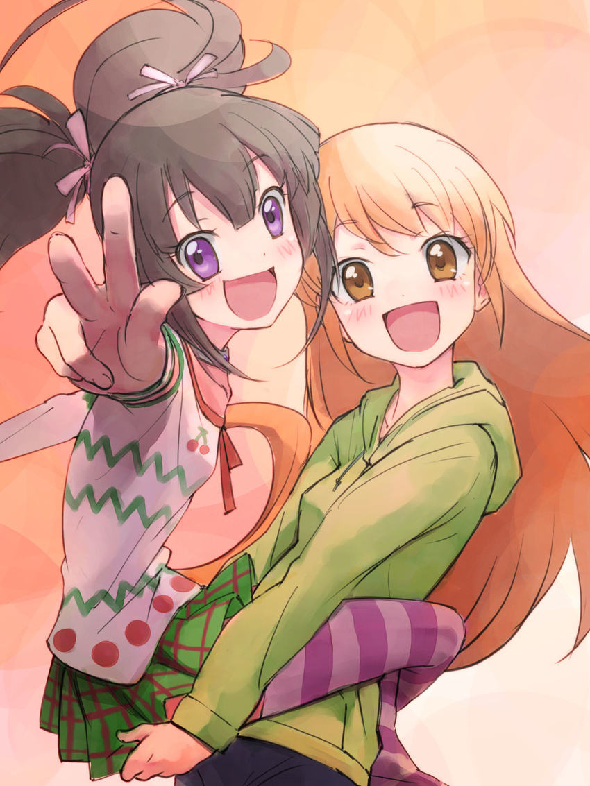 :d amamiya_rizumu black_hair blonde_hair brown_eyes carrying foreshortening highres hood hoodie kurisu_kaname leg_lock looking_at_viewer multiple_girls nyama open_mouth orange_(color) pretty_(series) pretty_rhythm pretty_rhythm_aurora_dream purple_eyes purple_legwear smile striped striped_legwear v