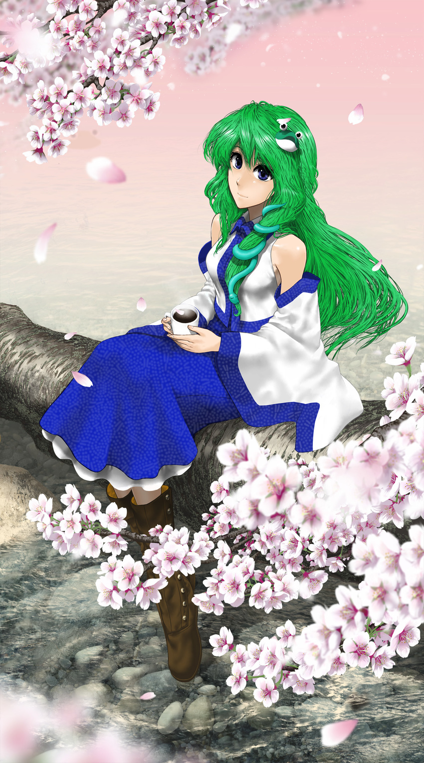 blue_eyes blush boots breasts cherry_blossoms coffee cup detached_sleeves frog frog_hair_ornament green_hair hair_ornament hair_tubes highres kochiya_sanae long_hair medium_breasts petals sitting skirt smile snake solo touhou tree umami_(sakeikura) water