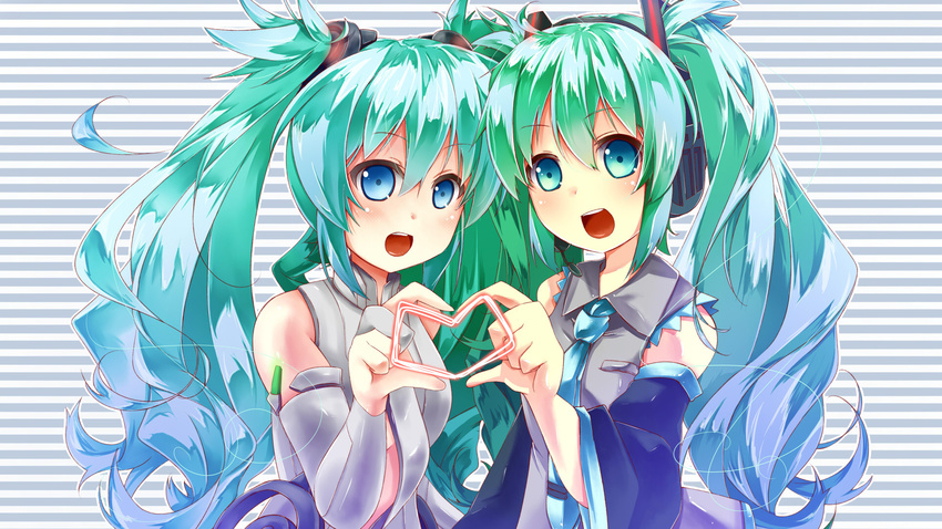 aqua_eyes aqua_hair az_(colorb05) bare_shoulders bridal_gauntlets detached_sleeves dual_persona elbow_gloves fingerless_gloves gloves hatsune_miku hatsune_miku_(append) headphones heart heart_hands heart_hands_duo highres long_hair multiple_girls necktie open_mouth smile striped striped_background twintails very_long_hair vocaloid vocaloid_append wallpaper