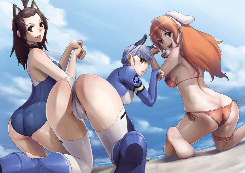 :d animal_ears arm_support ass barefoot bent_over bikini blue_eyes blush breasts brown_eyes brown_hair butt_crack cameltoe cloud day fake_animal_ears fin_e_ld_si_laffinty from_behind garters grin hairband highres kneeling kyouno_madoka leotard long_hair looking_back medium_breasts muginami multiple_girls one-piece_swimsuit open_mouth partially_visible_vulva paw_pose rinne_no_lagrange sawaragi shiny shiny_skin short_hair side-tie_bikini silver_hair sky small_breasts smile soles swimsuit thighhighs thighs