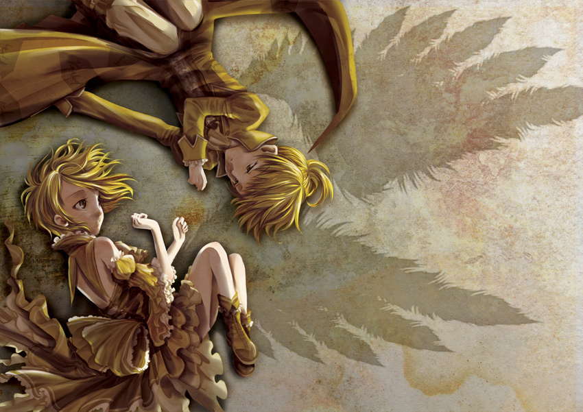 1girl bad_id bad_pixiv_id bare_shoulders blonde_hair boots brother_and_sister detached_sleeves dollyly21 highres kagamine_len kagamine_rin lying on_side shadow siblings twins vocaloid yellow_eyes