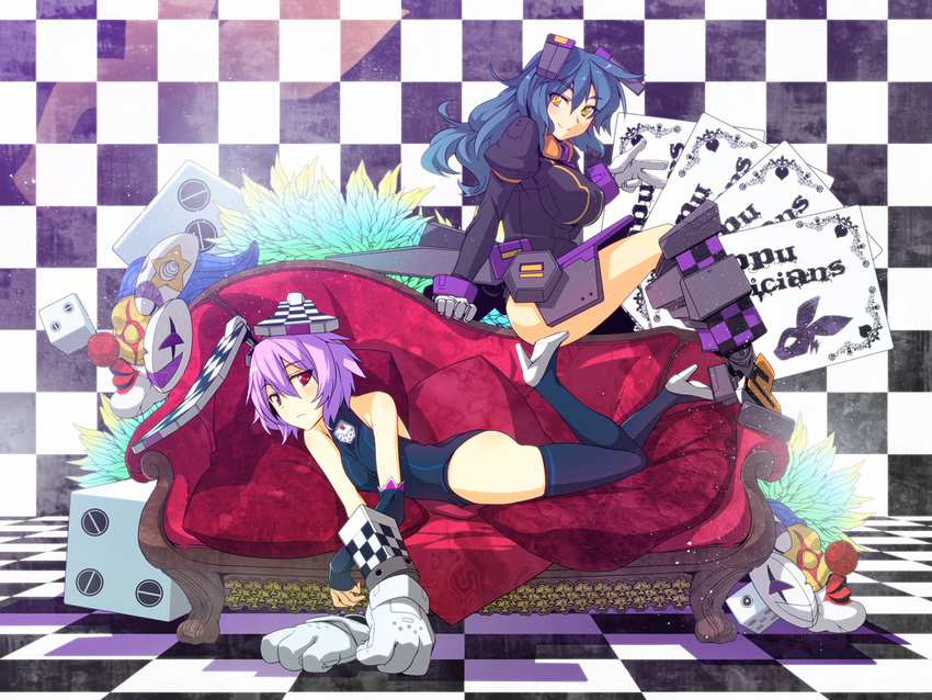 animal_ears blue_hair bunny_ears checkered cosmic_break couch dice gloves high_heels mask multiple_girls patty_lop pillow purple_hair red_eyes renny_lop shoes thighhighs tsukinami_kousuke yellow_eyes