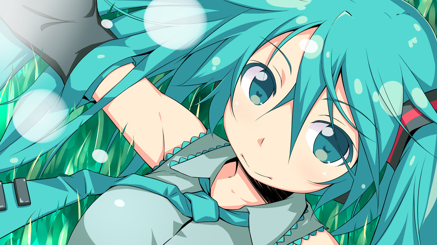 aqua_eyes aqua_hair bare_shoulders close-up detached_sleeves dousaki_shin'ya face grass hatsune_miku highres long_hair looking_at_viewer lying necktie on_back solo twintails vocaloid wallpaper