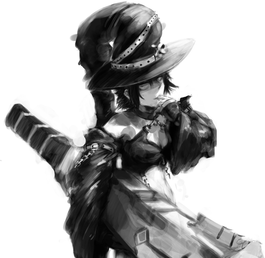 barmelin_swattis_nolne choker cleavage_cutout crop_top detached_sleeves drawfag finger_to_mouth greyscale hat highres huge_weapon koukaku_no_regios midriff monochrome non-web_source short_hair weapon witch_hat