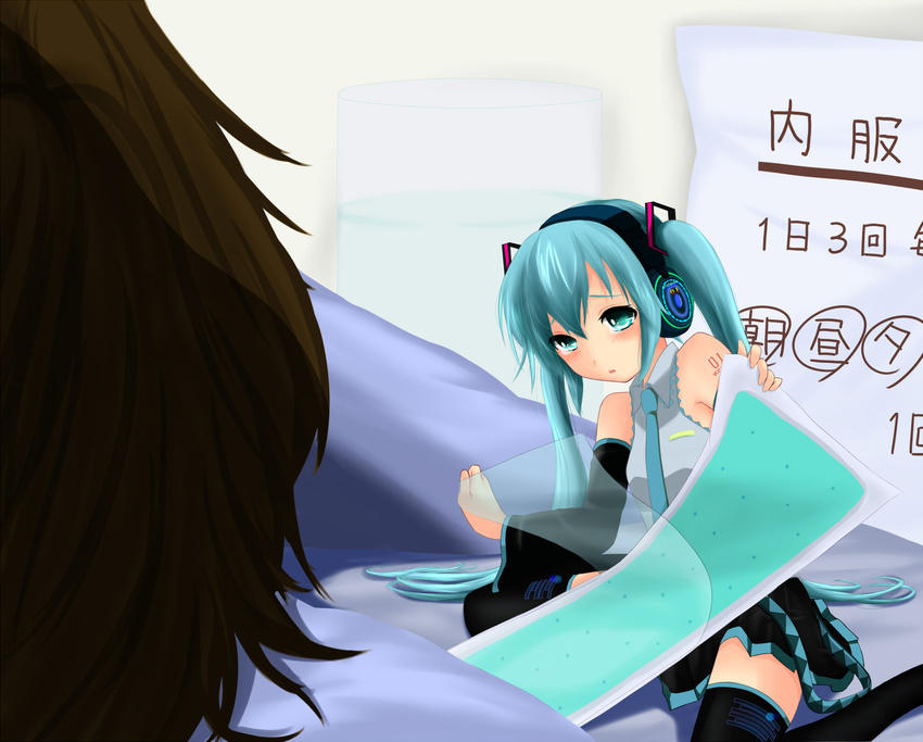 1girl aqua_eyes aqua_hair bandaid brown_hair detached_sleeves hatsune_miku headphones highres long_hair minigirl necktie sitting size_difference skirt terun thighhighs translation_request twintails very_long_hair vocaloid