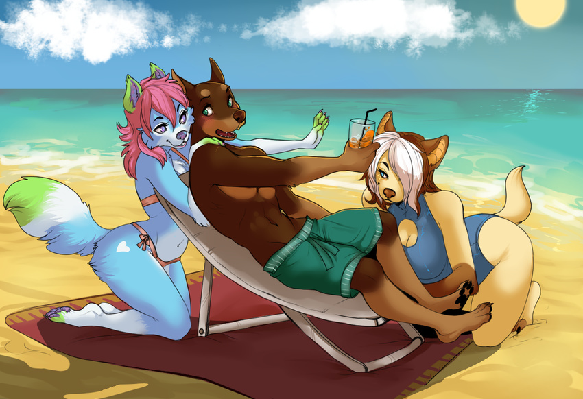 beach bikini blue_eyes blush breasts canine chair clothed clothing cloud dog drink female folding_chair green_eyes hindpaw ice male mammal one-piece_swimsuit paws purple_eyes reflection sand seaside shorts skimpy sky straw sun swimming_trunks swimsuit topless towel two_tone_hair uni water