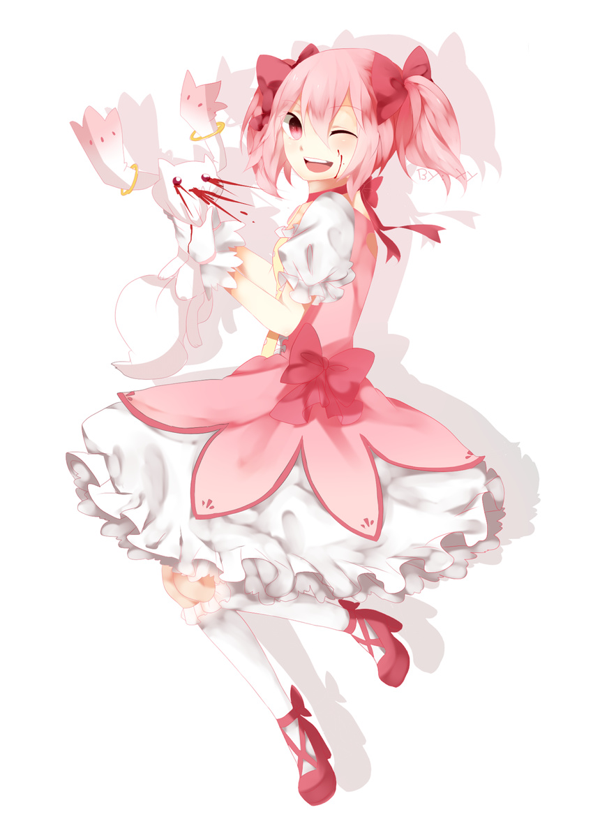 bad_id bad_pixiv_id blood blood_on_face bow bubble_skirt gloves hair_bow highres kaname_madoka kneehighs kyubey magical_girl mahou_shoujo_madoka_magica one_eye_closed pink_hair shouen_kigashi skirt smile twintails violence white_gloves