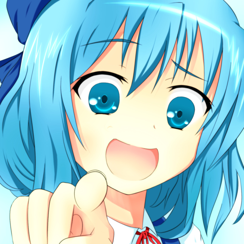 blue_eyes blue_hair bow cirno hair_bow highres laughing looking_at_viewer open_mouth pointing pointing_at_viewer raised_eyebrow short_hair simple_background solo sunuu_(miya) touhou troll_face