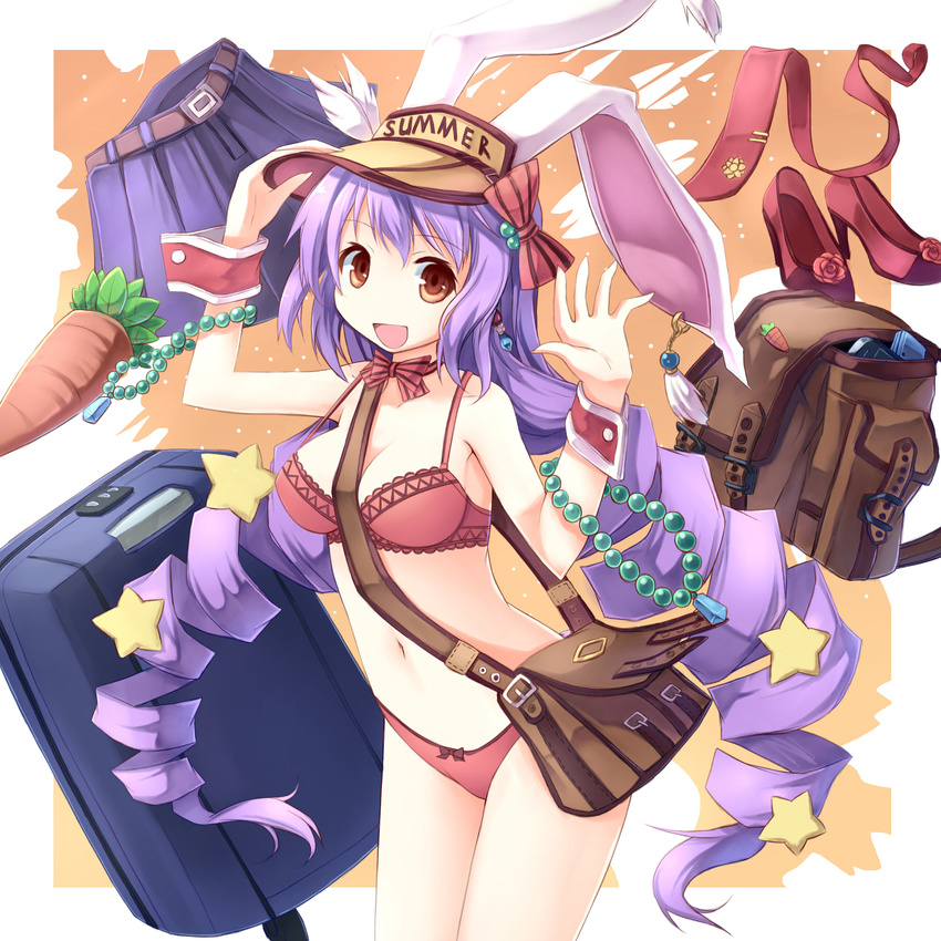 alternate_hairstyle animal_ears bag bare_shoulders bikini bra bracelet breasts bunny_ears carrot cleavage cowboy_shot drill_hair high_heels highres hoshi_no_gen jewelry lingerie long_hair navel necktie no_nose panties purple_hair red_bra red_eyes red_panties reisen_udongein_inaba satchel shoes simple_background skirt small_breasts solo suitcase swimsuit touhou twin_drills twintails underwear underwear_only very_long_hair visor_cap wrist_cuffs