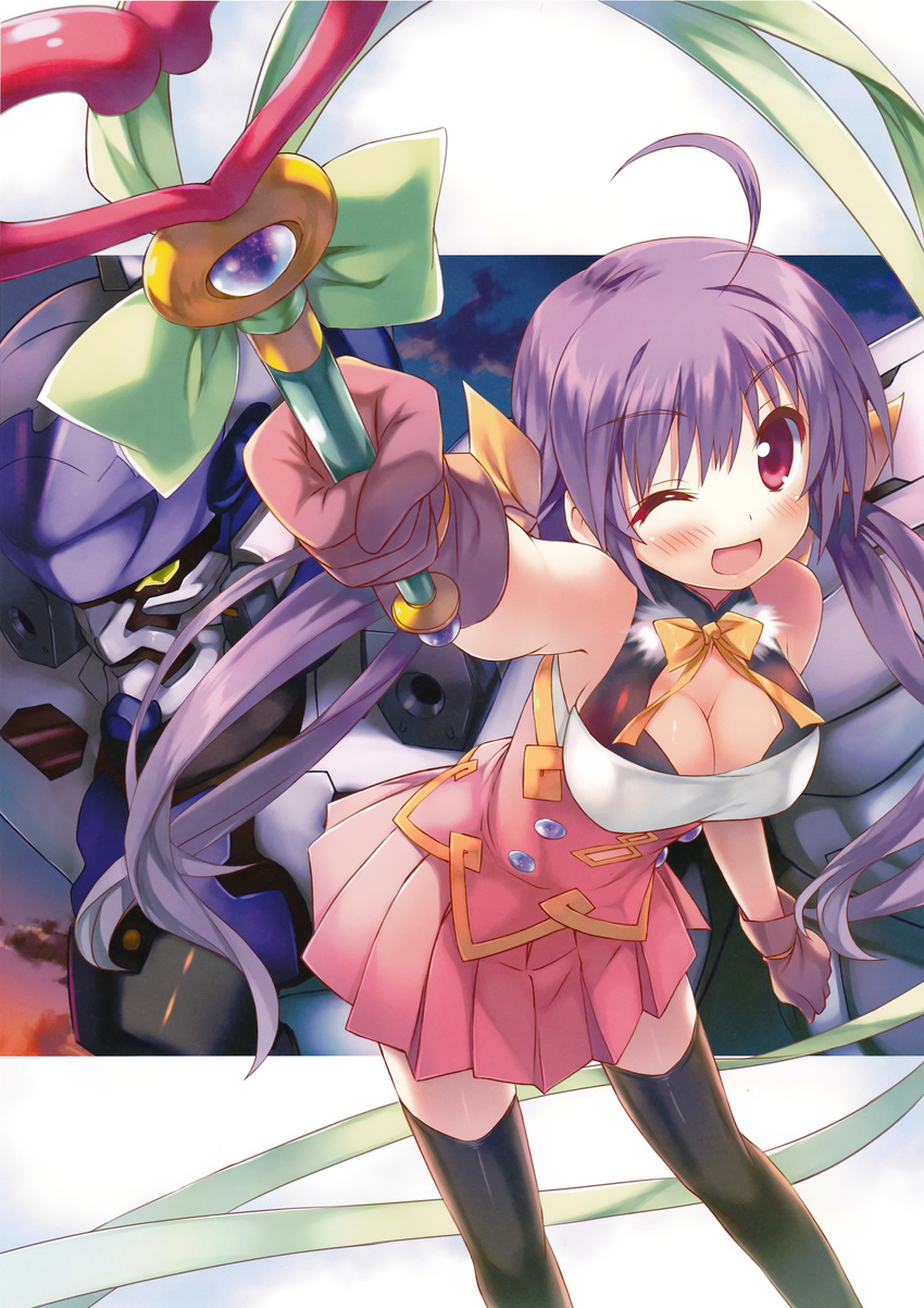 1girl ;d absurdres ahoge breasts character_request cleavage copyright_request highres kiba_satoshi mecha one_eye_closed open_mouth purple_eyes purple_hair ribbon skirt smile solo staff thighhighs wand wink