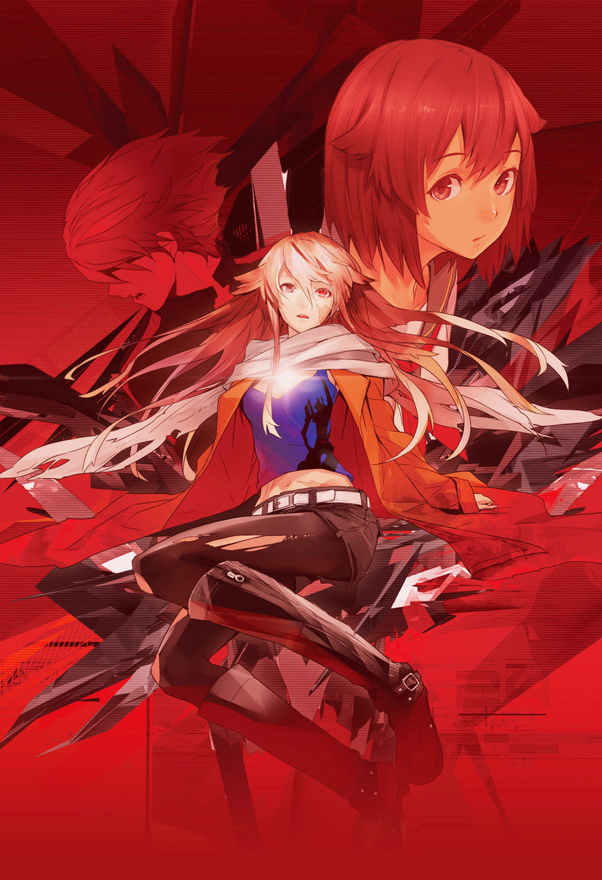 2girls breasts brown_eyes cover cover_page guilty_crown guilty_crown_princess_of_the_deadpool hair_over_eyes heterochromia highres long_hair looking_at_viewer midriff multiple_girls navel open_mouth ouma_shuu red redjuice scarf school_uniform short_hair small_breasts