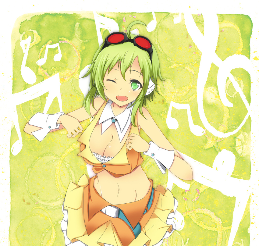 ahoge bare_shoulders beamed_eighth_notes blush body_blush breasts cleavage crop_top eighth_note goggles goggles_on_head green_eyes green_hair gumi highres large_breasts looking_at_viewer midriff musical_note navel one_eye_closed open_mouth short_hair skirt smile solo suu2510 treble_clef vocaloid wrist_cuffs