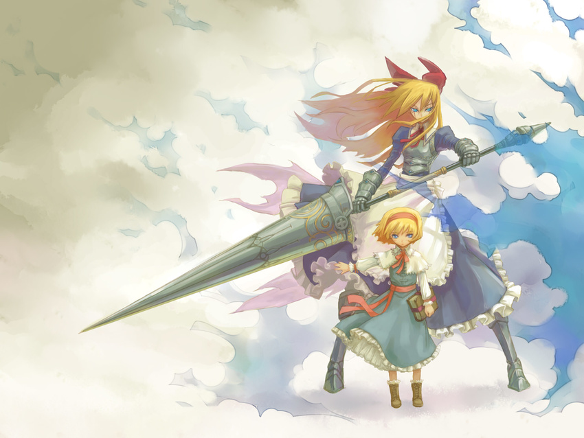 alice_margatroid blonde_hair blue_eyes book bow capelet doll dress gauntlets goliath_doll hair_bow hairband highres huu00 lance long_hair polearm shanghai_doll short_hair size_difference solo touhou weapon