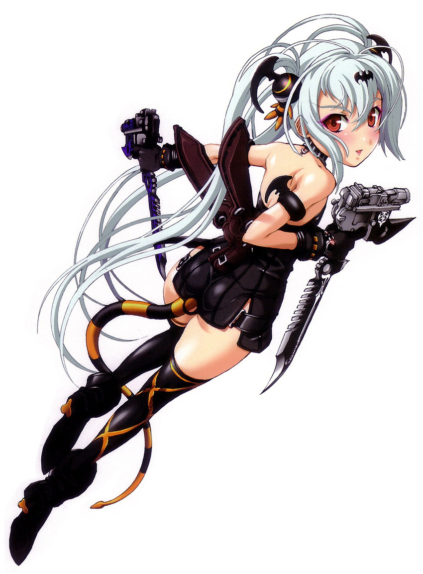 alice_(queen's_gate) armlet bare_shoulders black_dress black_gloves black_legwear blade blush boots choker dress dual_wielding eyeshadow from_behind gloves gun hair_ornament handgun highres holding long_hair makeup mauser_c96 nishii_(nitroplus) official_art pistol queen's_gate queen's_gate_spiral_chaos red_eyes strapless strapless_dress tail tattoo thigh_boots thighhighs twintails very_long_hair weapon white_hair