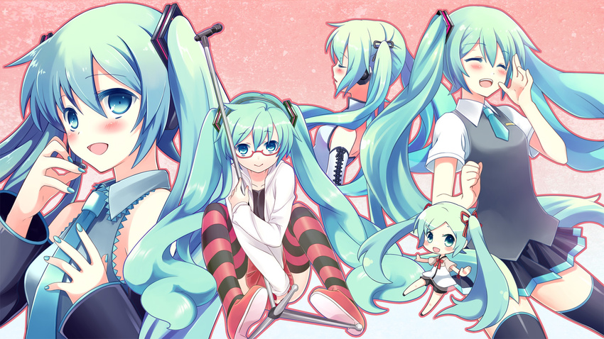 aqua_eyes aqua_hair bare_shoulders bespectacled detached_sleeves glasses hatsune_miku highres kocchi_muite_baby_(vocaloid) long_hair looking_at_viewer microphone microphone_stand natural_(module) necktie open_mouth project_diva project_diva_(series) project_diva_2nd project_diva_extend sekiranun_graffiti_(vocaloid) skirt smile striped striped_legwear thighhighs tobade_(tbdfactory) twintails very_long_hair vocaloid voice_(vocaloid) wallpaper zettai_ryouiki