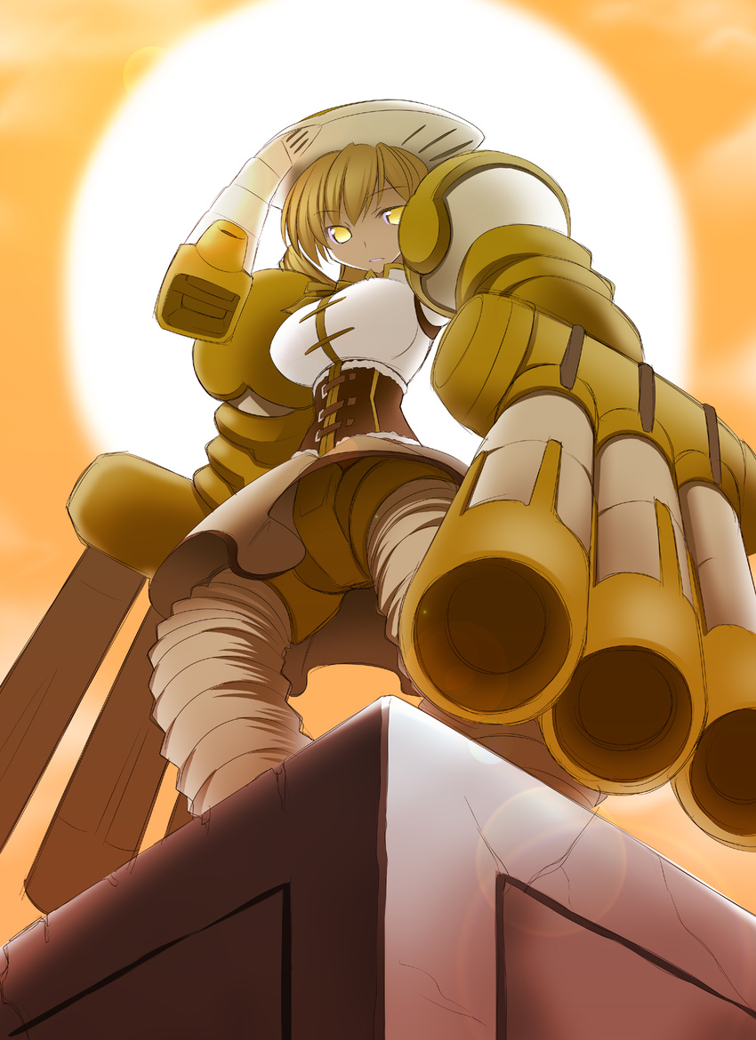 blonde_hair gundam gundam_08th_ms_team gundam_msv gundam_unicorn highres juaggu kaneda_mitsuko magical_girl mahou_shoujo_madoka_magica mecha_musume parody solo tomoe_mami yellow_eyes