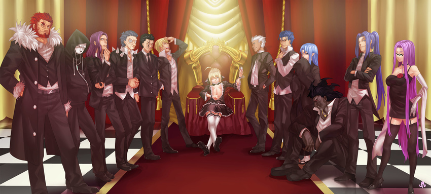 6+boys absurdres ahoge alcohol archer artoria_pendragon_(all) assassin_(fate/stay_night) assassin_(fate/zero) beard berserker berserker_(fate/zero) black_hair blonde_hair blue_hair breasts caster caster_(fate/zero) center_opening cleavage cup dress drinking_glass earbuds earphones facial_hair fate/stay_night fate/zero fate_(series) formal garter_straps gilgamesh highres hood hoodie lancer lancer_(fate/zero) lolita_fashion long_hair medium_breasts mole multiple_boys multiple_girls nanaya_(daaijianglin) one_eye_closed purple_hair red_hair rider rider_(fate/zero) saber small_breasts spikes suit throne wine wine_glass