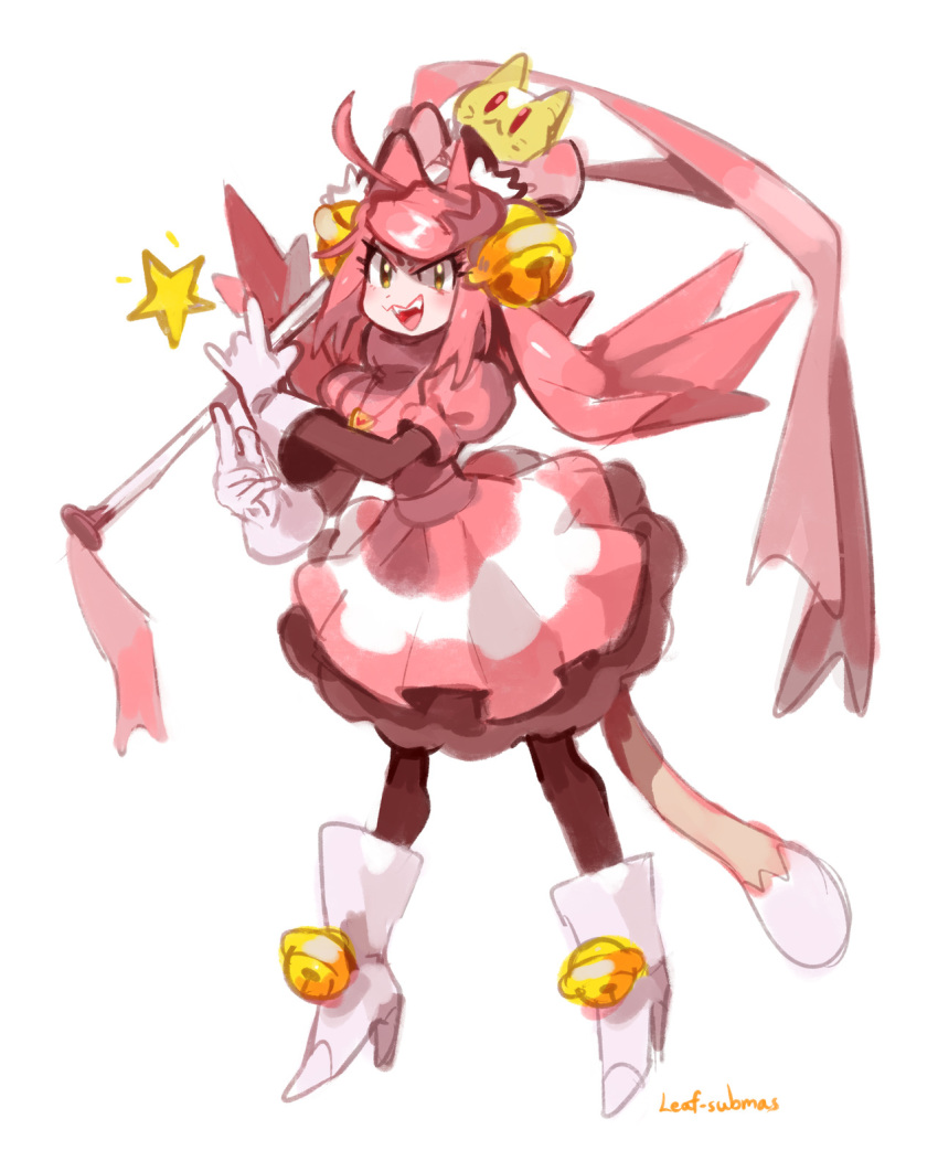 1girl animal_ears bells boots cat_ears fang gloves green_eyes high_heel_boots high_heels mad_mew_mew magical_girl pink_hair staff undertale white_boots white_gloves