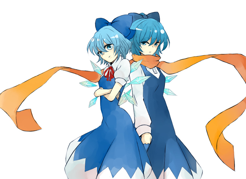 alternate_costume back-to-back blue_eyes blue_hair bow cirno cirno-nee crossed_arms dress dual_persona hair_bow ice ice_wings moe-e-ko multiple_girls ribbon scarf short_hair touhou wings