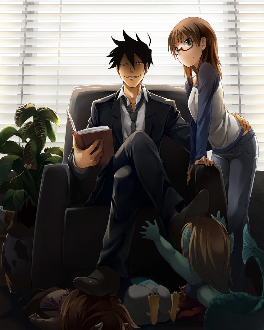 1girl akutabe armchair azazel beelzebub_(azazel-san) book brown_hair chair crossed_legs formal glasses grin hand_on_hip highres kouzu_shou moloch necktie no_eyebrows plant raglan_sleeves sakuma_rinko salamander_(azazel-san) sitting smile suit undine venus_flytrap yondemasu_yo_azazel-san.