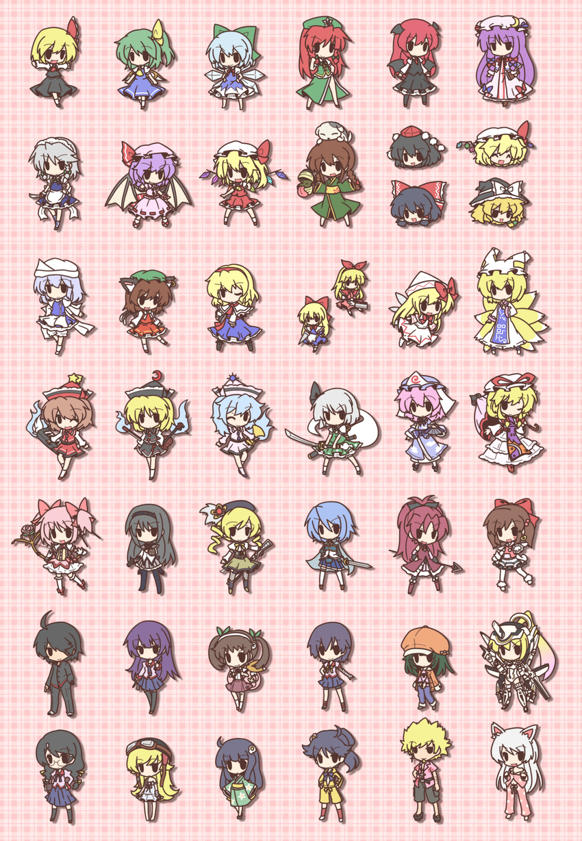 2boys 6+girls :d ^_^ absurdres akemi_homura alice_margatroid animal animal_ears animal_on_head araragi_karen araragi_koyomi araragi_tsukihi arnval backpack bag bakemonogatari bandages barefoot bat_wings black_hair blonde_hair blue_hair book boots bow bow_(weapon) boxcutter braid brown_hair busou_shinki capelet cat_ears cat_tail character_request chen chibi cirno closed_eyes copyright_request crescent cross cross_earrings cross_necklace dagger daiyousei dog dog_on_head dress earrings exoskeleton fan fang flandre_scarlet folding_fan fox_tail fushigi_ebi gloves goggles goggles_on_head green_hair gun hachikuji_mayoi hair_bow hairband hakurei_reimu hand_on_hip handgun hands_on_hips hanekawa_tsubasa hat hat_bow hat_ribbon head_wings heart highres hitodama holding holding_book hong_meiling hourai_doll ice ice_wings instrument izayoi_sakuya japanese_clothes jewelry kaname_madoka kanbaru_suruga katana kimono kirisame_marisa knife koakuma konpaku_youmu konpaku_youmu_(ghost) latale letty_whiterock lily_white long_hair lunasa_prismriver lyrica_prismriver magical_girl magical_musket mahou_shoujo_madoka_magica maid maid_headdress merlin_prismriver miki_sayaka monogatari_(series) multiple_boys multiple_girls multiple_tails necklace nekomonogatari nisemonogatari on_head one_eye_closed open_mouth oshino_shinobu outstretched_arms patchouli_knowledge pencil piano pink_dress pink_hair plaid plaid_background polearm purple_hair red_hair red_ribbon remilia_scarlet ribbon ruler rumia saigyouji_yuyuko sakura_kyouko scabbard school_uniform sengoku_nadeko senjougahara_hitagi shameimaru_aya shanghai_doll sheath shield shorts side_ponytail side_slit silver_hair single_earring skirt smile solid_oval_eyes spear striped striped_skirt sundress sword tail thigh_boots thighhighs tokin_hat tomoe_mami touhou trumpet twin_braids twintails umbrella vertical_stripes violin weapon wings witch_hat yakumo_ran yakumo_yukari yukkuri_shiteitte_ne