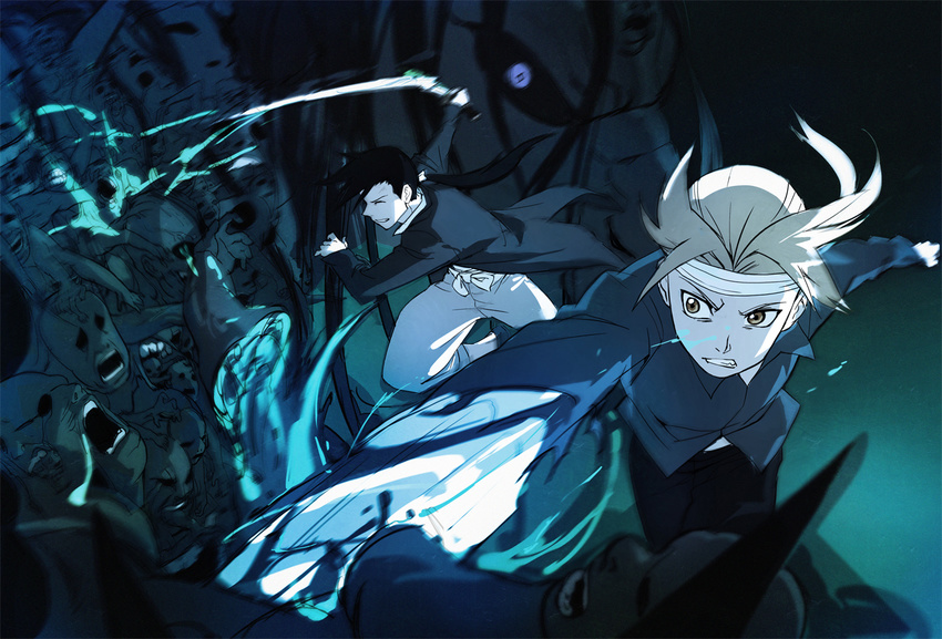 action bandaged_head bandages battle black_hair black_pants black_sclera blade blonde_hair blood clenched_teeth closed_eyes collared_shirt dark dress_shirt edward_elric envy_(fma) floating_hair fullmetal_alchemist giant holding holding_sword holding_weapon ling_yao liquid long_hair long_sleeves low_ponytail lychi monster motion_blur multiple_boys open_mouth outstretched_arm outstretched_arms pants profile sash shirt short_sword stabbing sword teeth weapon white_pants yellow_eyes