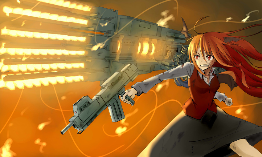 ahoge armored_core armored_core:_for_answer armored_core_5 assault_rifle bleeding blood clenched_teeth collarbone dirty dress dress_shirt fighting_stance glowing glowing_weapon grind_blade gun head_wings highres huge_weapon injury koakuma long_hair m92fs pun red_eyes red_hair rifle shirt skirt solo teeth touhou ultimate_weapon_(armored_core) vest weapon white_shirt