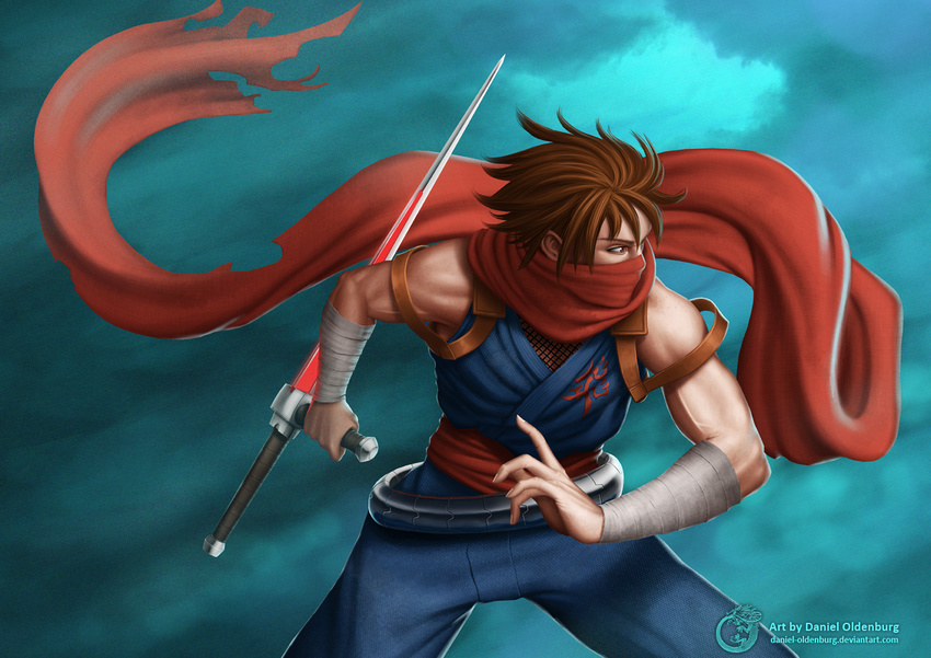 90s armband brown_eyes brown_hair cloud male_focus muscle ninja non-web_source plasma_sword realistic red_scarf scarf science_fiction solo spiked_hair strider_(video_game) strider_hiryuu tonfa weapon