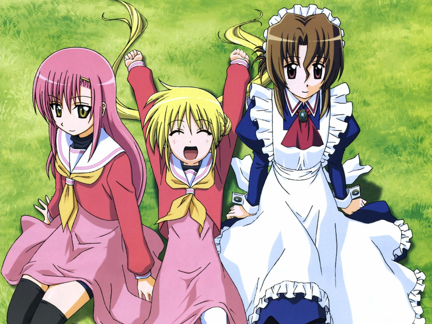 blonde_hair brown_eyes brown_hair eyes_closed grass hayate_no_gotoku! katsura_hinagiku maid maria pink_hair sanzen'in_nagi school_uniform stretch wallpaper yellow_eyes