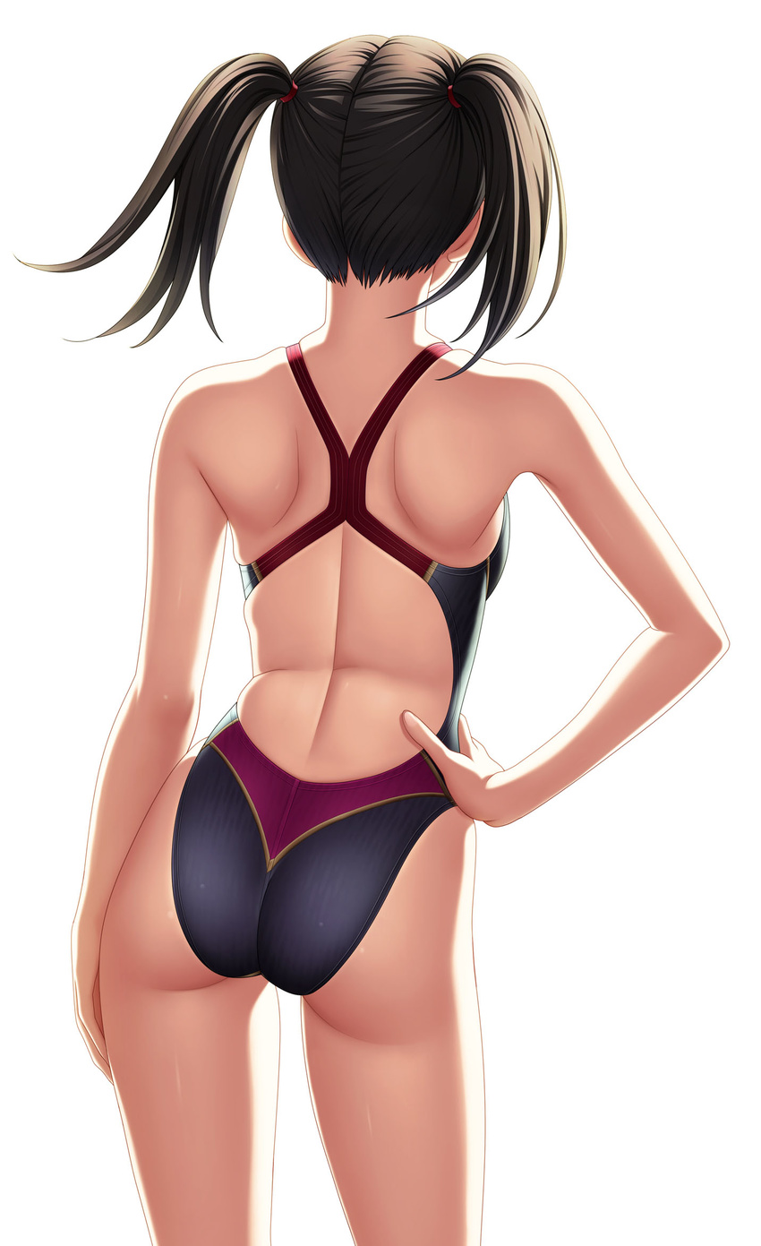 ass back bare_shoulders black_hair competition_swimsuit contrapposto facing_away from_behind hand_on_hip highres kuri_(kurigohan) light one-piece_swimsuit original short_hair simple_background solo standing swimsuit thighs twintails white_background