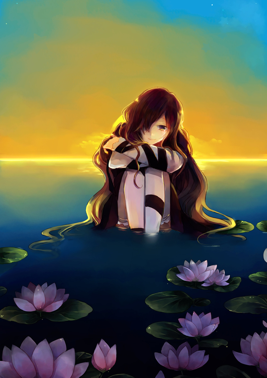 arm_ribbon bad_id bad_pixiv_id black_dress blonde_hair brown_hair dress flower gradient_hair hair_over_one_eye highres hijiri_byakuren leg_ribbon long_hair lotus multicolored multicolored_eyes multicolored_hair nr_(cmnrr) ribbon sitting sky smile solo sunset tears touhou two-tone_hair very_long_hair water