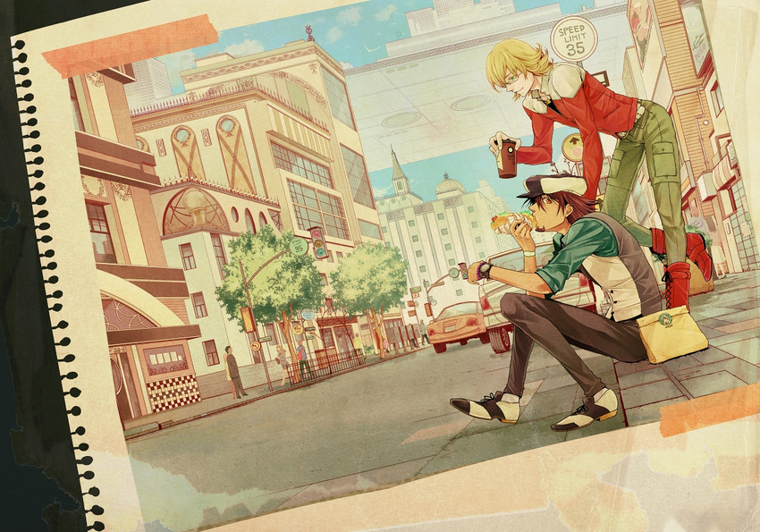 bad_id bad_pixiv_id barnaby_brooks_jr blonde_hair boots bracelet brown_eyes brown_hair cabbie_hat cityscape coffee eating facial_hair faux_traditional_media glasses green_eyes hat hot_dog jacket jewelry kaburagi_t_kotetsu mori-003 multiple_boys necktie red_jacket sitting stubble tiger_&amp;_bunny vest waistcoat watch wristwatch