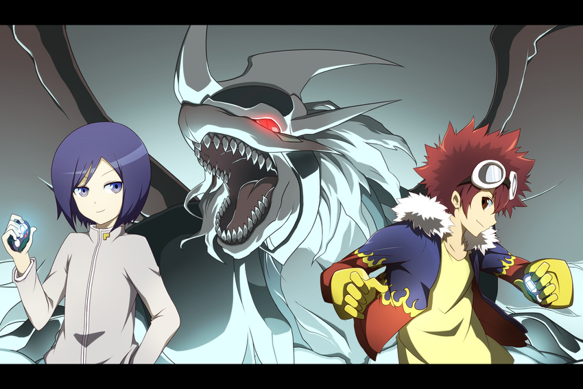 bad_id bad_pixiv_id blue_eyes blue_hair brown_eyes brown_hair digimon digimon_adventure_02 digivice fur_coat gloves glowing glowing_eyes goggles horns ichijouji_ken imperialdramon lemon_(wzcrybmi) long_sleeves male_focus monster motomiya_daisuke multiple_boys red_eyes sharp_teeth silver_hair smile teeth wings