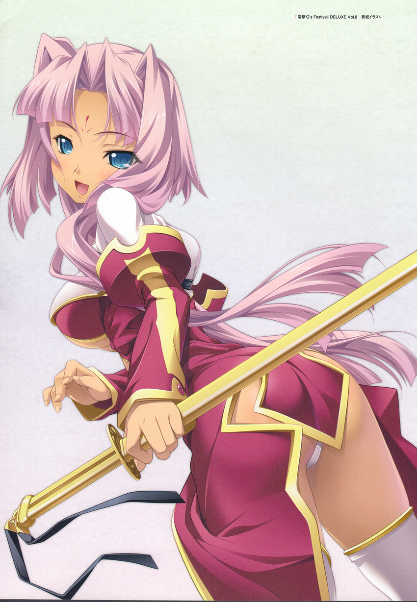 ass blue_eyes breasts cleavage from_behind highres hikage_eiji koihime_musou long_hair looking_back medium_breasts official_art panties pink_hair solo sonken sword thighhighs underwear weapon