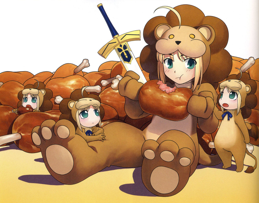 :t ahoge animal_costume artoria_pendragon_(all) blonde_hair boned_meat child cub eating excalibur fate/stay_night fate/tiger_colosseum fate_(series) food green_eyes highres higurashi_ryuuji lion lion_costume meat mother_and_child multiple_girls paws saber saber_lion sword weapon