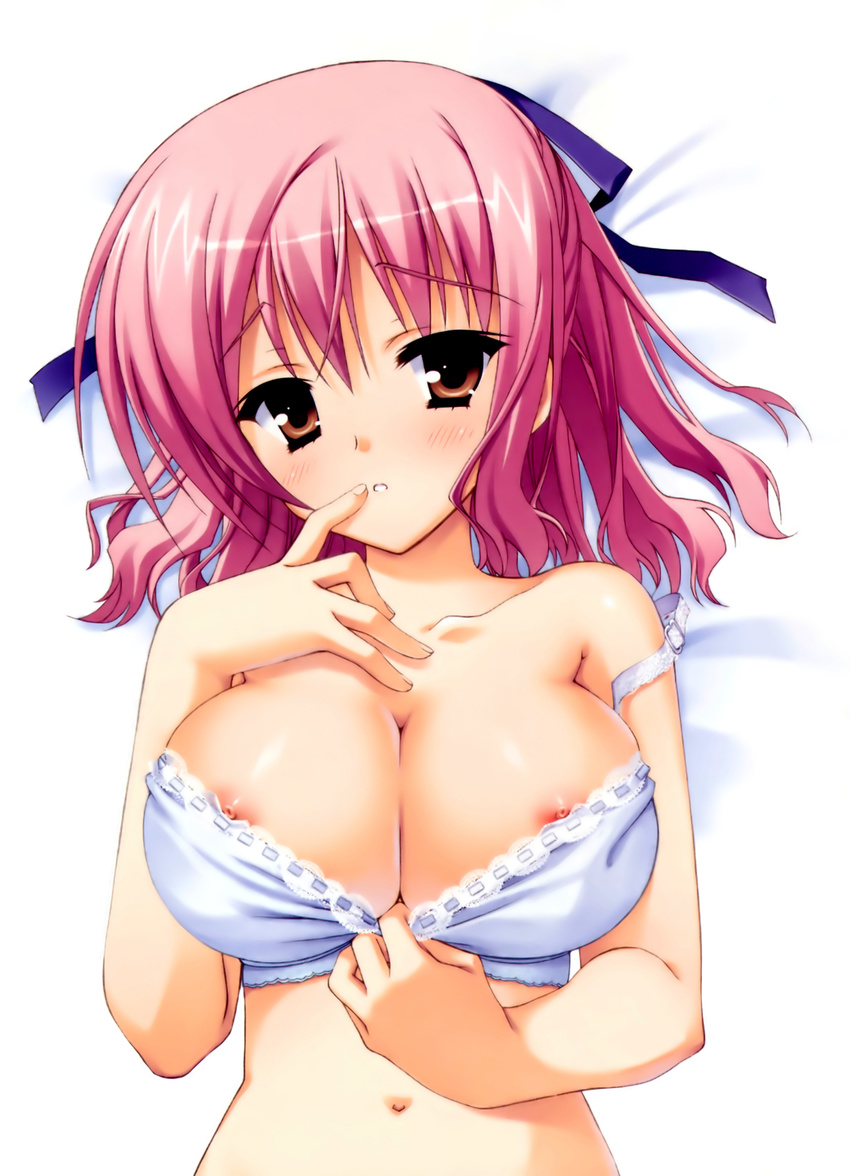 absurdres bare_shoulders blue_bra blush bra bra_pull breasts brown_eyes cleavage collarbone finger_to_mouth hair_ribbon highres large_breasts lingerie looking_at_viewer muririn navel nipples parted_lips pink_hair ribbon shiny shiny_skin solo strap_slip tenshinranman tokiwa_mahiro underwear upper_body