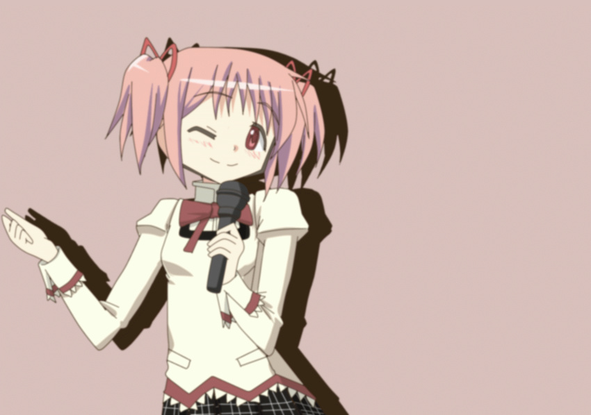 animated animated_gif hair_ribbon hangaku kaname_madoka mahou_shoujo_madoka_magica microphone pink_eyes pink_hair ribbon short_hair short_twintails simple_background solo twintails