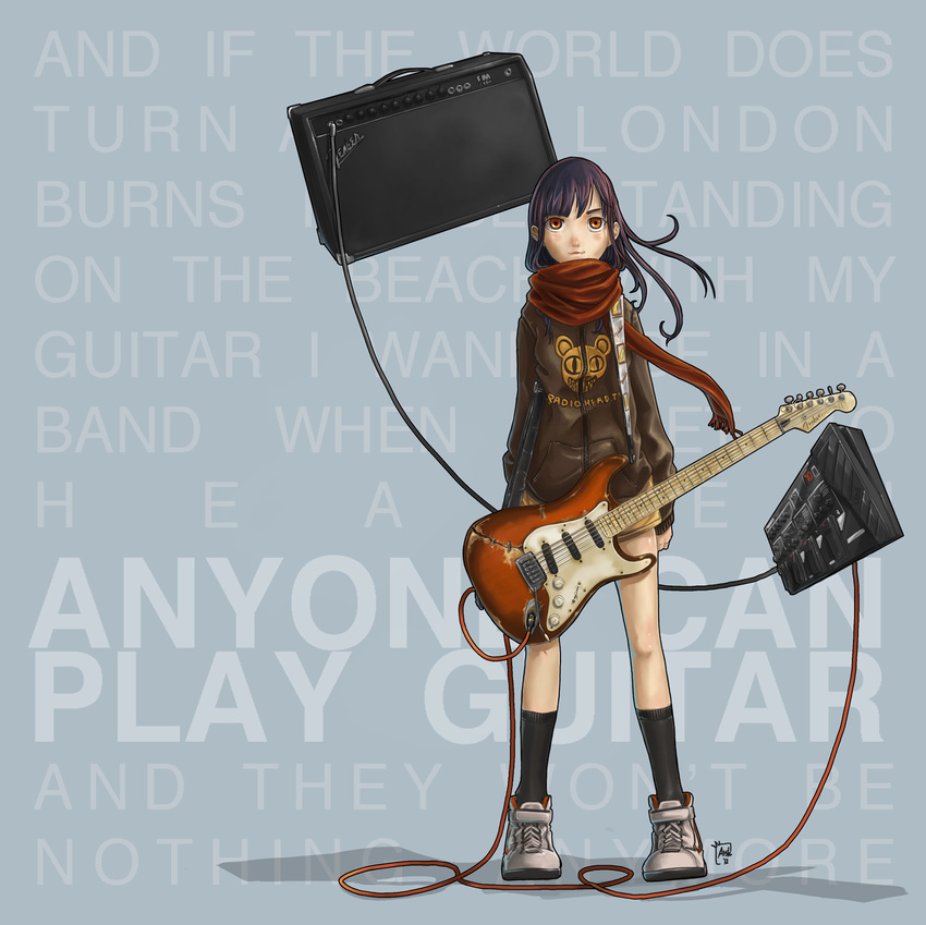 :3 amplifier black_hair blush broken brown_eyes effects_pedal electric_guitar fender guitar highres hood hoodie instrument light_smile long_hair lyrics marwan_islami original radiohead_(band) red_scarf scarf shoes skirt sneakers solo stratocaster whammy_bar wind