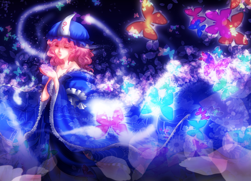 bare_shoulders bug butterfly cherry_blossoms closed_eyes highres insect japanese_clothes kimono kinako_(nurupoga) petals pink_hair saigyouji_yuyuko short_hair solo touhou triangular_headpiece