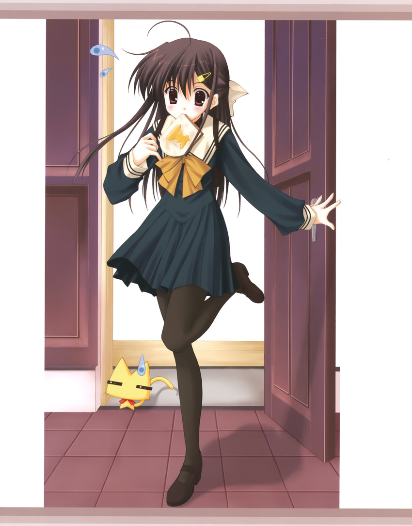 =_= absurdres antenna_hair black_skirt blush bow bowtie copyright_request door food food_in_mouth highres late_for_school leg_up long_sleeves looking_at_viewer mouth_hold nanao_naru pantyhose school_uniform skirt solo standing standing_on_one_leg sweatdrop tareme toast toast_in_mouth yellow_bow yellow_neckwear