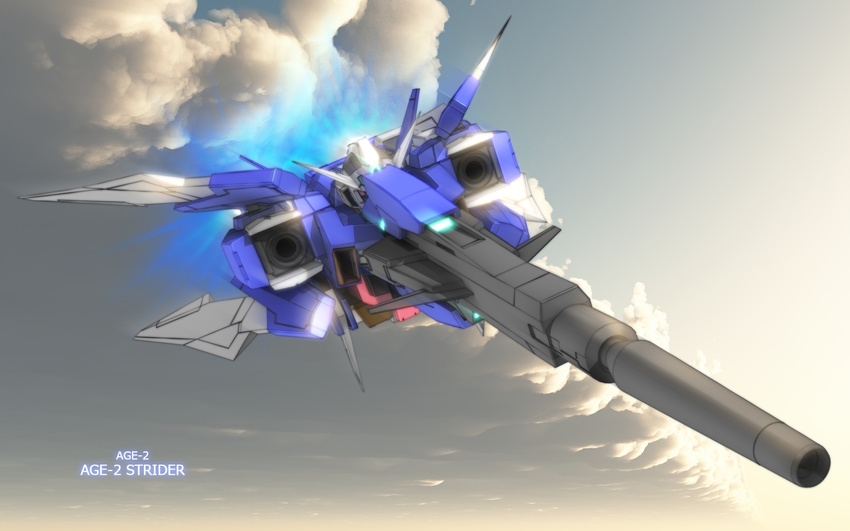 armor blue_fire cannon character_name cloud exhaust fire flying glowing gundam gundam_age gundam_age-2 highres machinery mecha no_humans outdoors zefai