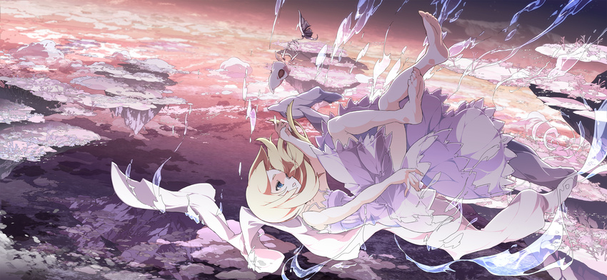 absurdres asakura_masatoki barefoot blonde_hair blue_eyes bubble cloud dress falling fish_bone floating_island highres long_hair open_mouth original solo white_dress