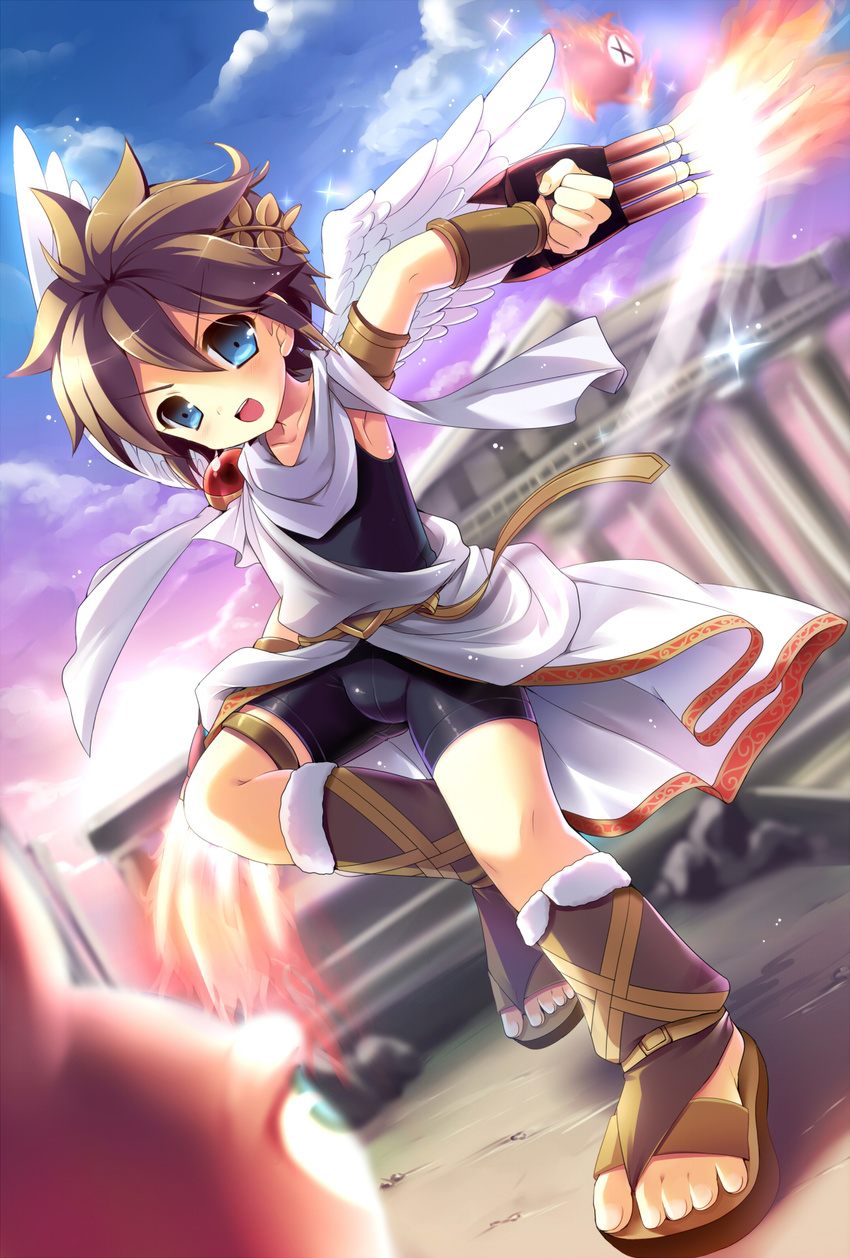 1boy angel bike_shorts blue_eyes blush brown_hair bulge claws error fire highres kid_icarus male male_focus nintendo pit pit_(kid_icarus) sandals short_hair smile solo suama tunic weapon wings