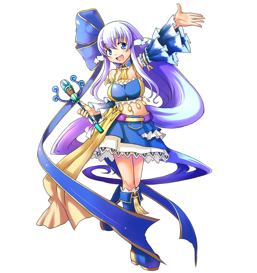 absurdres aqua_seep_seal bare_shoulders blue_eyes blue_hair boots breasts detached_sleeves full_body hands highres kanatarou large_breasts long_hair microphone midriff official_art ribbon skirt solo transparent_background trouble_witches trouble_witches_neo very_long_hair wand