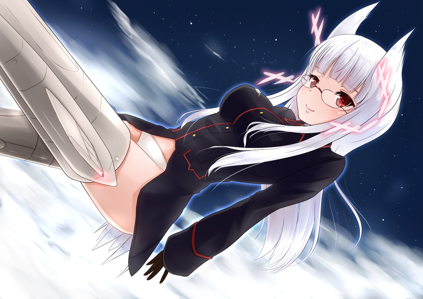 animal_ears antennae cloud flying glasses heidimarie_w_schnaufer highres lips mitsukii panties red_eyes sky smile solo star_(sky) starry_sky strike_witches striker_unit underwear white_hair white_panties world_witches_series